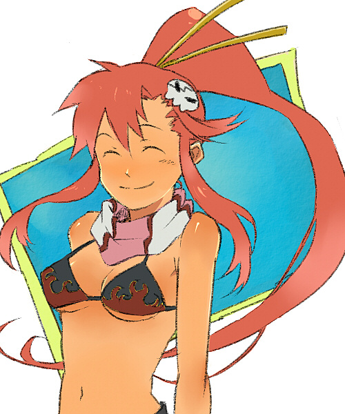 yoko littner, tengen toppa gurren lagann, 00s, 1girl, bikini, bikini top only, blush, breasts, female focus, hair ornament, medium breasts, ponytail, red hair, scarf, smile, solo, striped clothes, striped scarf, swimsuit
