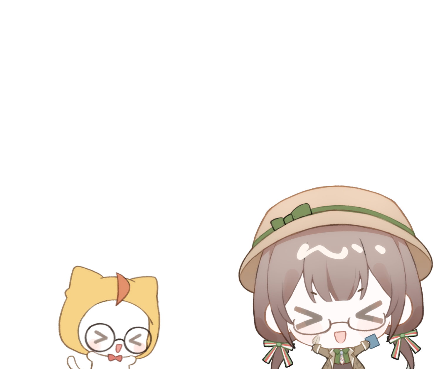 baonu de zhanshen caibutou, momo (nikki), infinity nikki, nikki (series), bad link, chinese commentary, commentary request, highres, > <, 1girl, ahoge, animal, bespectacled, black-framed eyewear, blunt bangs, border, bow, bowtie, brown coat, brown hair, brown hat, brown necktie, brown pants, cat, chibi, clipboard, cloak, clothed animal, coat, collared coat, collared shirt, cowboy shot, ear covers, flawless vision (infinity nikki), glasses, green bow, green shirt, hair bow, happy, hat, hat bow, holding, holding clipboard, holding quill, hood, hood up, hooded cloak, lapels, long hair, long sleeves, low twintails, multicolored bow, necktie, notched lapels, open clothes, open coat, outside border, pants, photo (object), plaid clothes, plaid necktie, quill, red bow, red bowtie, round eyewear, shirt, sleeve cuffs, sleeves past wrists, striped bow, traditional bowtie, transparent background, twintails, very long hair, white border, white cat, yellow cloak