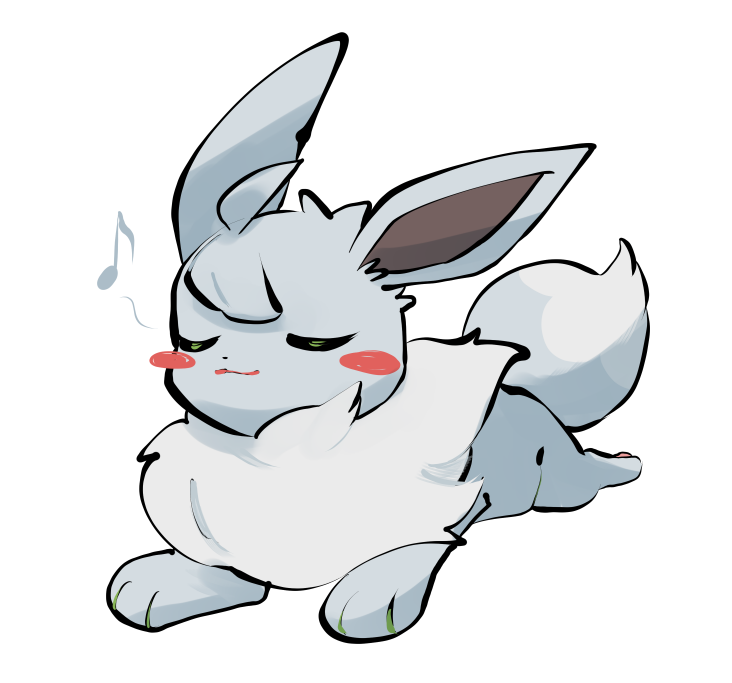 yumeminoideyu2, eevee, nintendo, pokemon, :3, ahoge, animal focus, animal hands, blush stickers, closed eyes, closed mouth, fluffy, full body, gen 1 pokemon, grey fur, looking at viewer, musical note, neck fur, no humans, pokemon (creature), pokemon focus, simple background, solo, two-tone fur, white background, white fur