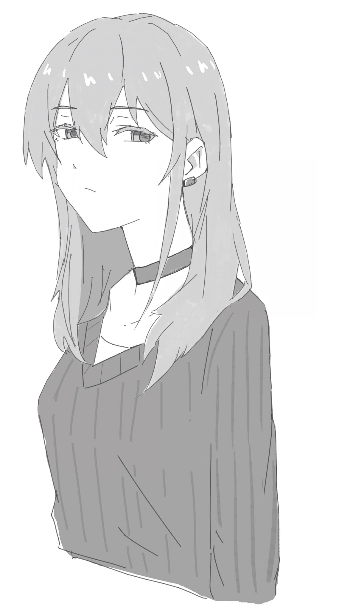 n nai nai n, kawaragi momoka, girls band cry, commentary, hashtag-only commentary, highres, 1girl, choker, closed mouth, earclip, greyscale, hair between eyes, long hair, monochrome, sidelocks, simple background, solo, sweater, upper body, white background
