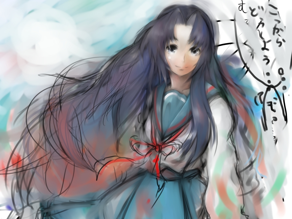 inoe (noie), asakura ryoko, suzumiya haruhi no yuuutsu, bad id, bad pixiv id, 00s, blue eyes, blue hair, long hair, school uniform, serafuku, solo