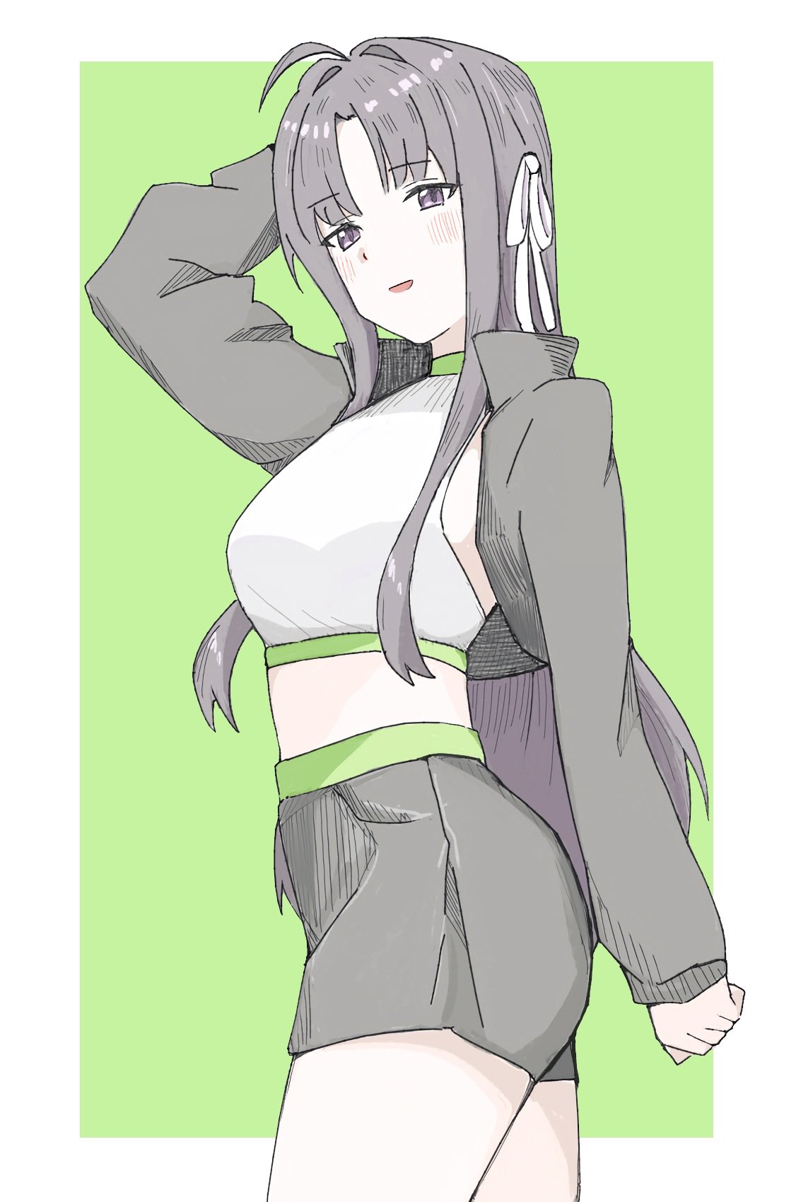 n nai nai n, awa subaru, girls band cry, commentary, hashtag-only commentary, highres, 1girl, ahoge, arm up, black hair, black jacket, black shorts, border, crop top, cropped jacket, green background, hair intakes, hair ribbon, jacket, long hair, looking at viewer, midriff, open mouth, outside border, parted bangs, purple eyes, ribbon, shirt, shorts, simple background, solo, white border, white ribbon, white shirt