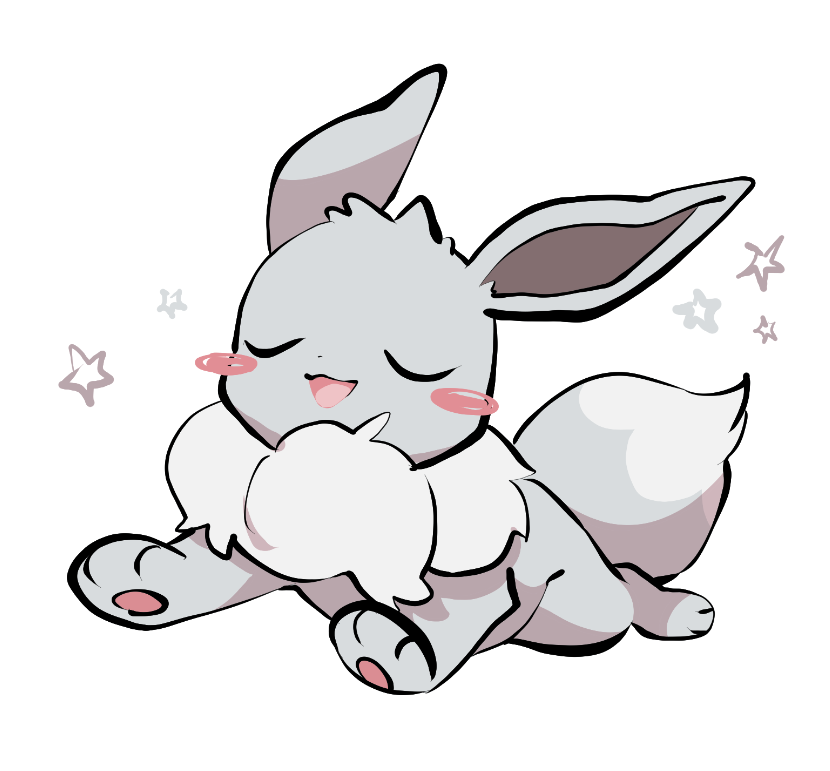 yumeminoideyu2, eevee, nintendo, pokemon, alternate color, animal focus, animal hands, closed eyes, fluffy, full body, gen 1 pokemon, grey fur, looking at viewer, neck fur, no humans, open mouth, pawpads, pokemon (creature), pokemon focus, shiny pokemon, simple background, solo, sparkle, standing, two-tone fur, white background, white fur