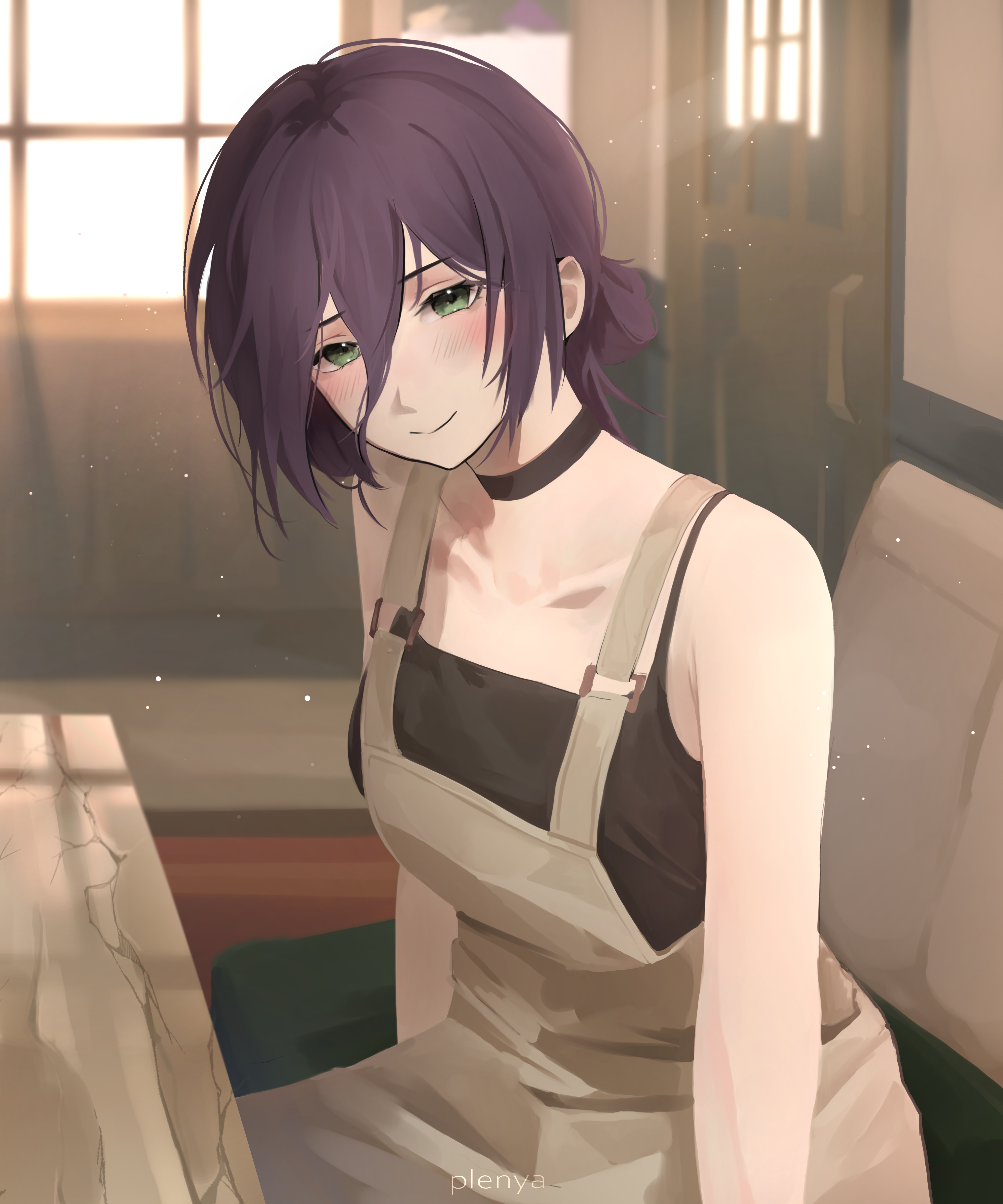 reze (chainsaw man), chainsaw man, absurdres, commentary, highres, 1girl, apron, armpit crease, black choker, blush, brown apron, choker, collarbone, green eyes, hair between eyes, indoors, long hair between eyes, looking at viewer, plenya q, purple hair, sitting, smile, solo