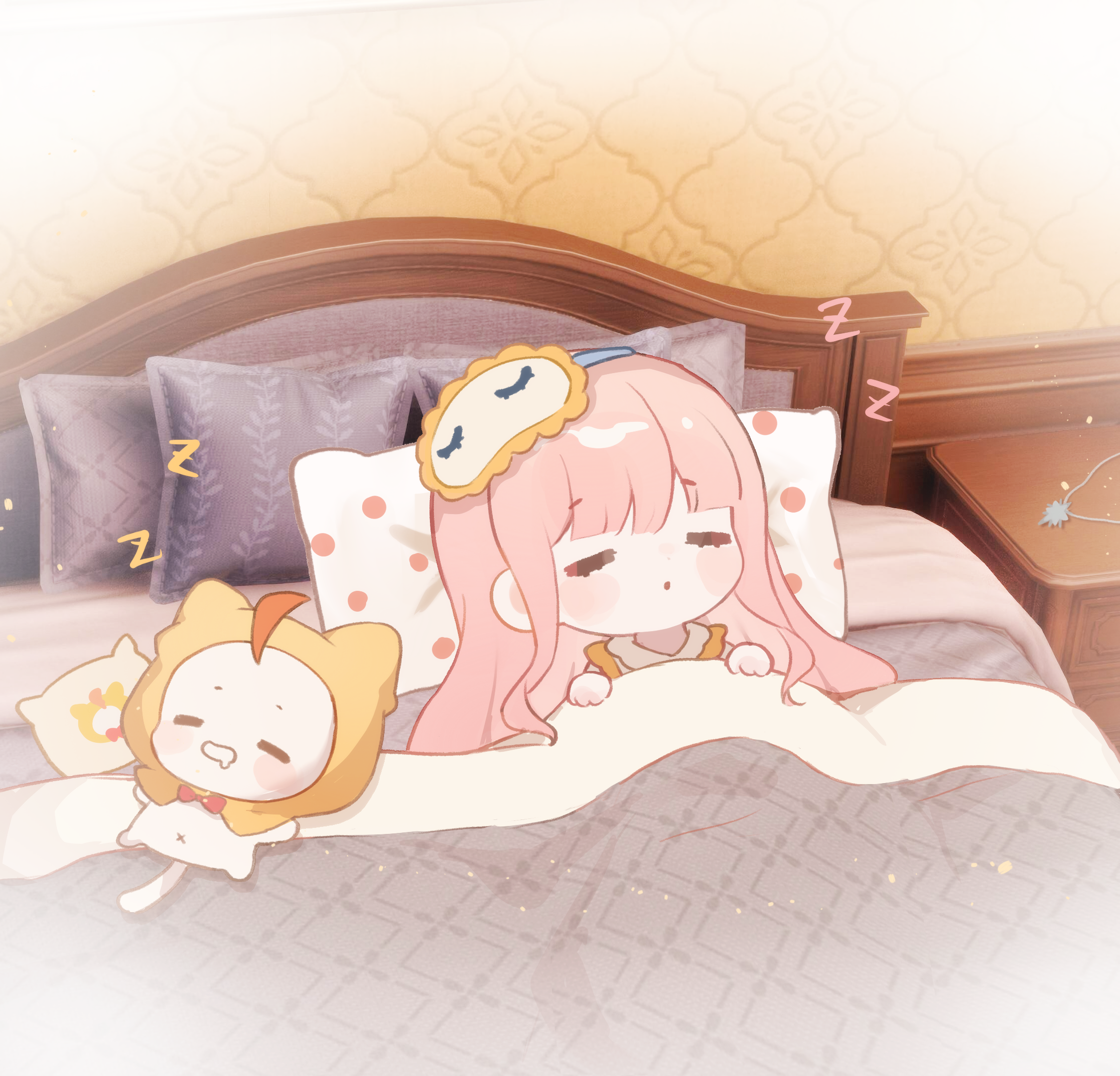 baonu de zhanshen caibutou, momo (nikki), nikki (nikki), infinity nikki, nikki (series), chinese commentary, commentary request, highres, 1girl, ahoge, animal, bedroom, blunt bangs, blush stickers, bow, bowtie, cat, chibi, cloak, closed eyes, clothed animal, collared shirt, dress, drooling, ear covers, eyelashes, frills, game screenshot inset, hair spread out, hood, hood up, hooded cloak, indoors, jewelry, light particles, long hair, long sidelocks, lying, mask, mask on head, navel, necklace, nightstand, on back, on bed, parted lips, pillow, pinafore dress, pink hair, red bow, red bowtie, shirt, sidelocks, sleep mask, sleeveless, sleeveless dress, star (symbol), star necklace, traditional bowtie, under covers, unworn jewelry, unworn necklace, vignetting, wavy hair, white cat, white mask, white shirt, yellow cloak, yellow dress, zzz