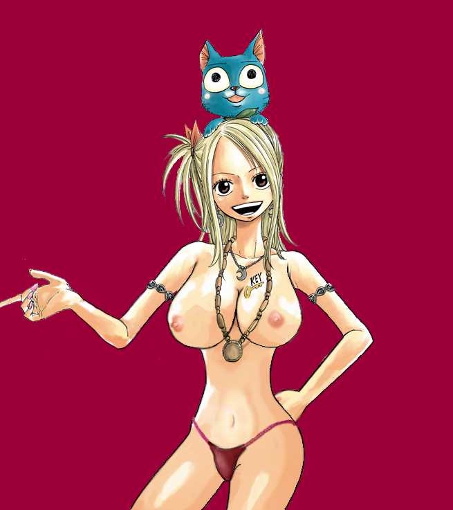 mashima hiro, happy (fairy tail), lucy heartfilia, fairy tail, nude filter, painting (medium), tagme, third-party edit, traditional media, watercolor (medium), 00s, bikini, bikini bottom only, breasts, large breasts, nipples, no bra, panties, swimsuit, topless female, underwear