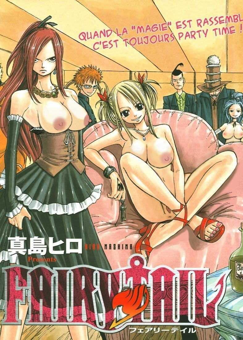 mashima hiro, droy (fairy tail), erza scarlet, jet (fairy tail), levy mcgarden, loke (fairy tail), lucy heartfilia, fairy tail, tagme, third-party edit, 00s, 3boys, 3girls, artistic error, breasts, feet, french text, large breasts, multiple boys, multiple girls, nipples, tattoo, toes, uncensored
