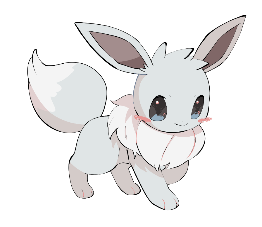 yumeminoideyu2, eevee, nintendo, pokemon, :>, alternate color, animal focus, animal hands, black eyes, blush stickers, closed mouth, fluffy, full body, gen 1 pokemon, grey fur, looking at viewer, neck fur, no humans, pokemon (creature), pokemon focus, shiny pokemon, simple background, solo, two-tone fur, white background, white fur