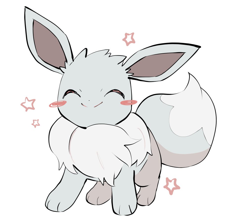 yumeminoideyu2, eevee, nintendo, pokemon, alternate color, animal focus, animal hands, blush stickers, closed eyes, closed mouth, fluffy, full body, gen 1 pokemon, grey fur, looking at viewer, neck fur, no humans, pokemon (creature), pokemon focus, shiny pokemon, simple background, solo, sparkle, standing, two-tone fur, white background, white fur