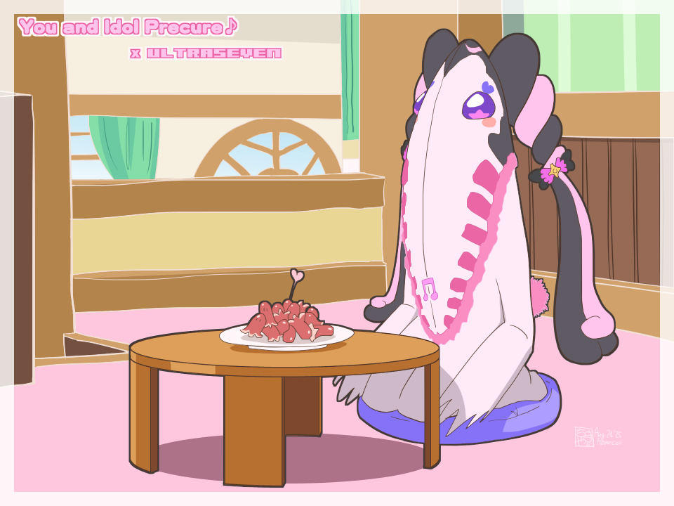 aoneco, meroron (precure), metron seijin, kimi to idol precure, precure, tokusatsu, ultra series, ultraseven (series), commentary, 1girl, alien, artist logo, artist name, beamed eighth notes, black hair, blush stickers, border, bow, butterfly bow, chabudai, colored skin, copyright name, crossover, curtains, cushion, dated, english text, facial mark, food, fur trim, fusion, hair bow, heart, heart facial mark, indoors, legs together, logo, looking ahead, meroron (fairy) (precure), monster, multicolored hair, musical note, parody, pink bow, pink hair, pink skin, pink tail, plate, purple eyes, sausage, seiza, sitting, solo, star-shaped pupils, star (symbol), symbol-shaped pupils, table, tail, twintails, two-tone hair, white border, zabuton