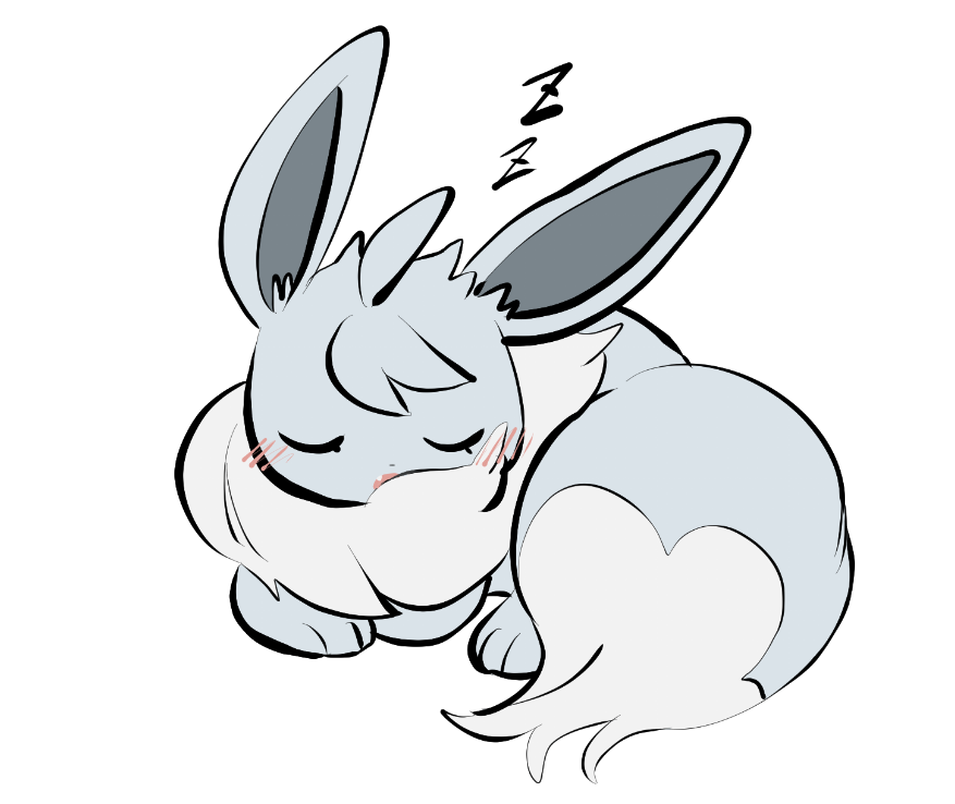yumeminoideyu2, eevee, nintendo, pokemon, alternate color, animal focus, animal hands, closed eyes, fluffy, full body, gen 1 pokemon, grey fur, looking at viewer, lying, neck fur, no humans, open mouth, pokemon (creature), pokemon focus, shiny pokemon, simple background, sleeping, solo, two-tone fur, white background, white fur, zzz
