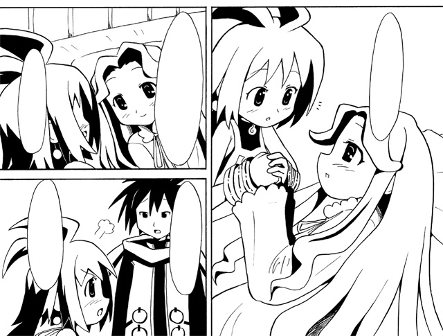 ash (phantom brave), castille, castille (phantom brave), marona (phantom brave), nippon ichi, phantom brave, 1boy, 2girls, ^^^, blank speech bubble, blush, comic, dress, eye contact, greyscale, holding hands, long hair, looking at another, monochrome, multiple girls, profile, short hair, simple background, speech bubble, upper body, very long hair, white background, yuri