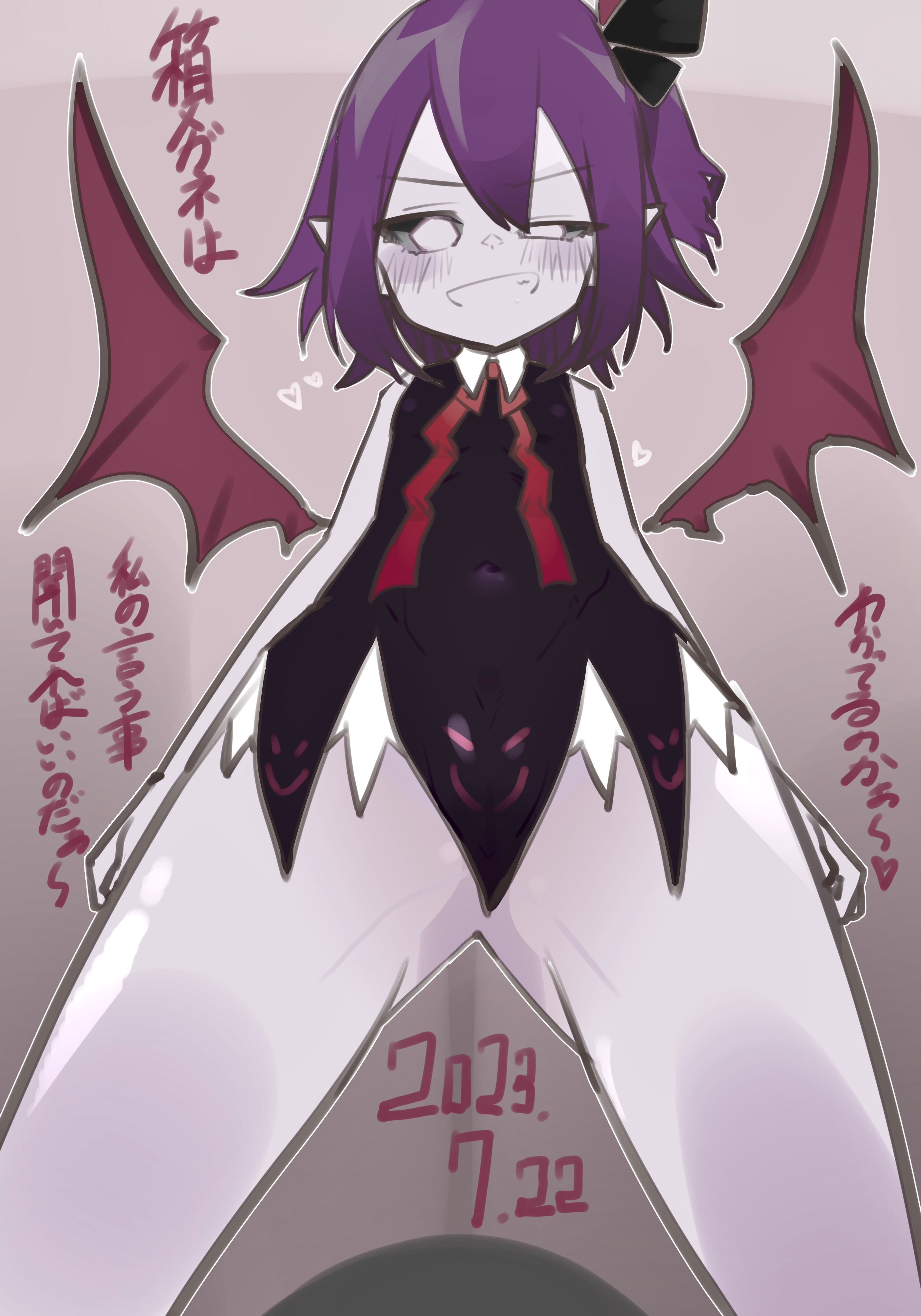 eromannzyuu, musume (yuunama), yuusha no kuse ni namaiki da, absurdres, commentary request, highres, translation request, 1girl, black dress, black sclera, blush, bottomless, colored sclera, convenient censoring, covered navel, dated, demon girl, dress, from below, grin, jewelry, looking at viewer, purple background, short hair, simple background, sleeveless, smile, solo, standing, teeth, white eyes