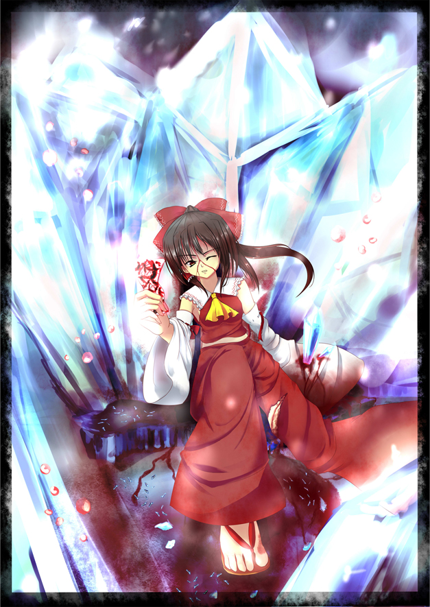 hakurei reimu, imperishable night, touhou, 1girl, black hair, blood, detached sleeves, female focus, ice, injury, japanese clothes, miko, ofuda, solo