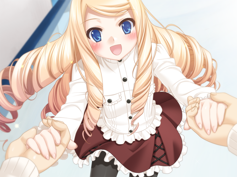 kani biimu, midou iori, konayuki fururi, game cg, 1boy, 1girl, blonde hair, blue eyes, blush, drill hair, fingernails, hetero, holding hands, long hair, looking at viewer, male hand, open mouth, pantyhose, pov, pov hands, smile, solo focus
