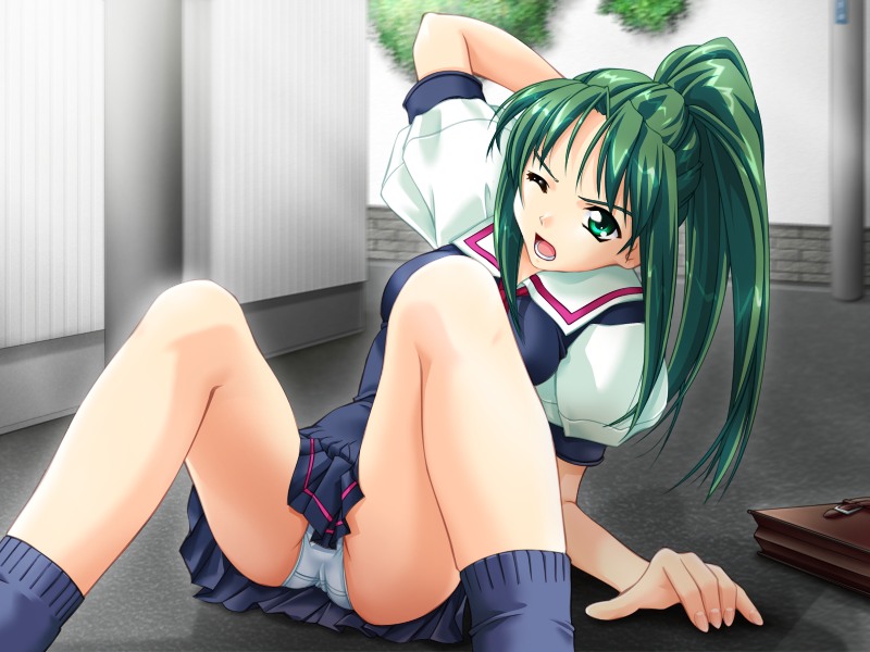 murakami suigun, ayatsuji yuu, oyakusoku love, game cg, 1girl, female focus, green eyes, green hair, matching hair/eyes, one eye closed, panties, ponytail, school uniform, solo, spread legs, underwear, wink