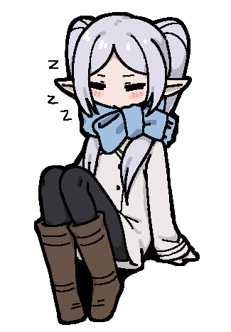 shino (shinokani), frieren, sousou no frieren, commentary, english commentary, lowres, 1girl, black leggings, blue scarf, boots, brown boots, coat, full body, grey hair, leggings, pointy ears, scarf, sitting, sleeping, sleeping upright, sleeves past wrists, solo, twintails, white coat, zzz