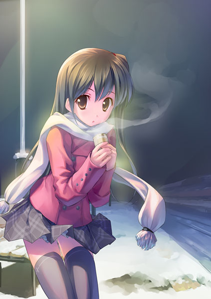 takoyaki (roast), original, 1girl, can, drink, female focus, scarf, skirt, snow, solo, steam, thighhighs, zettai ryouiki