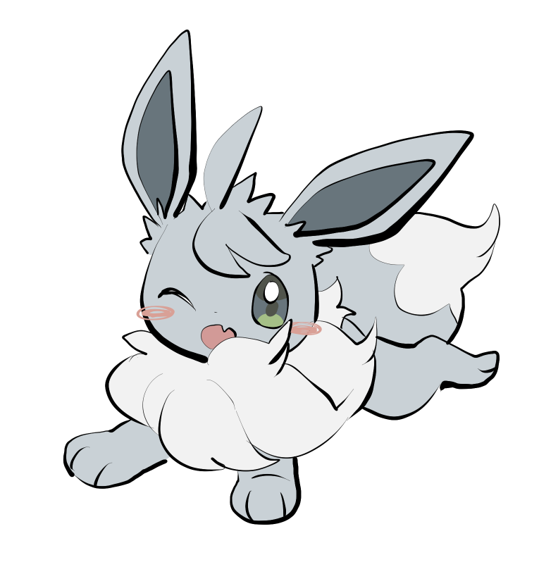 yumeminoideyu2, eevee, nintendo, pokemon, :o, alternate color, animal focus, animal hands, blush stickers, fang, fluffy, full body, gen 1 pokemon, green eyes, grey fur, looking at viewer, neck fur, no humans, one eye closed, open mouth, pokemon (creature), pokemon focus, shiny pokemon, simple background, skin fang, solo, standing, two-tone fur, white background, white fur