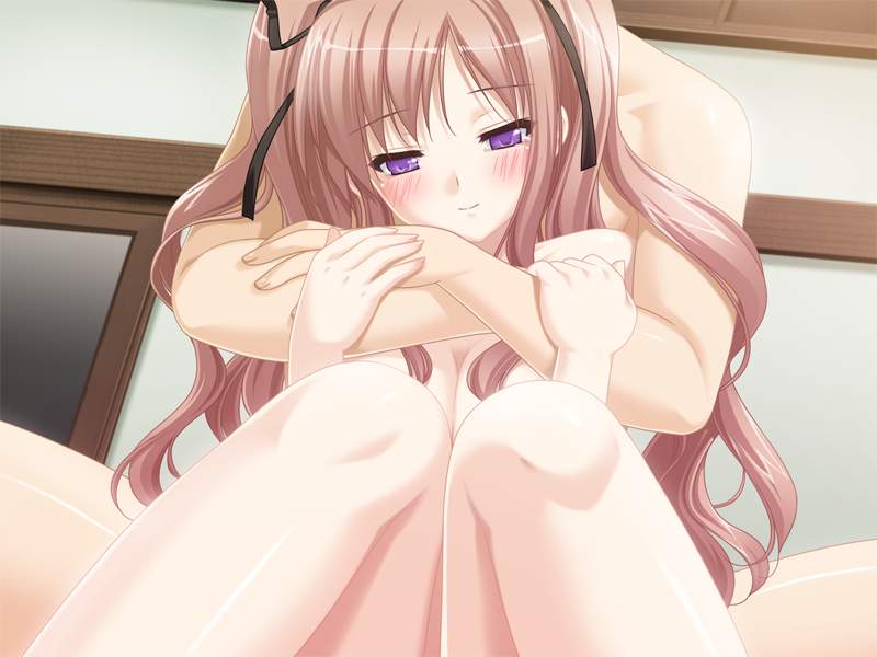 kani biimu, matsushima koyuki, konayuki fururi, game cg, 1boy, 1girl, afterglow, blush, brown hair, comforting, completely nude, couple, hair ribbon, happy sex, hetero, holding hands, hug, hug from behind, long hair, matsuhima koyuki, nude, purple eyes, ribbon, smile, tears, twintails, very long hair