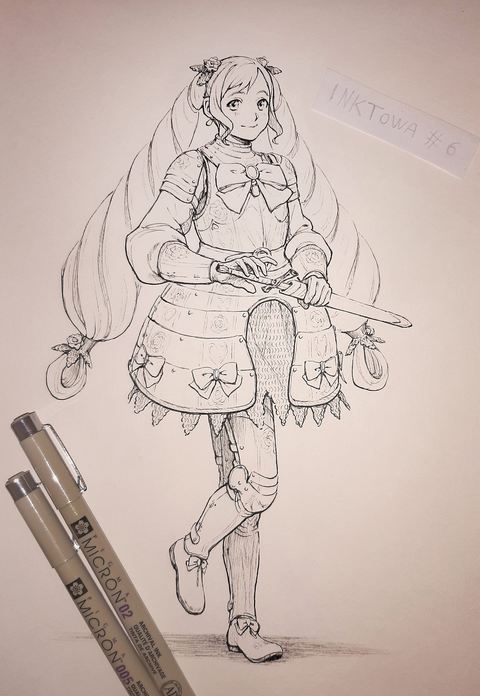 kazuko (towa), elise (fire emblem), fire emblem, fire emblem fates, nintendo, commentary, english commentary, graphite (medium), highres, photo (medium), traditional media, 1girl, alternate costume, armor, art tools in frame, chainmail, closed mouth, drill hair, full body, greaves, greyscale, holding, holding sword, holding weapon, inktober, long hair, low-tied long hair, monochrome, sheath, sheathed, smile, solo, sword, twin drills, very long hair, wavy hair, weapon