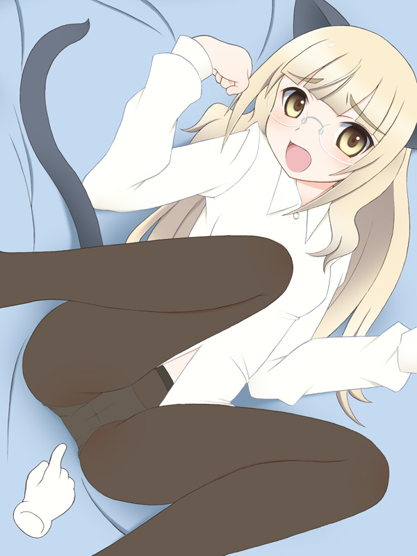 kurappii, perrine h. clostermann, strike witches, world witches series, 00s, 1girl, animal ears, blonde hair, cursor, dutch angle, female focus, glasses, long hair, looking at viewer, lying, open mouth, panties, panties under pantyhose, pantyhose, solo, tail, underwear, yellow eyes