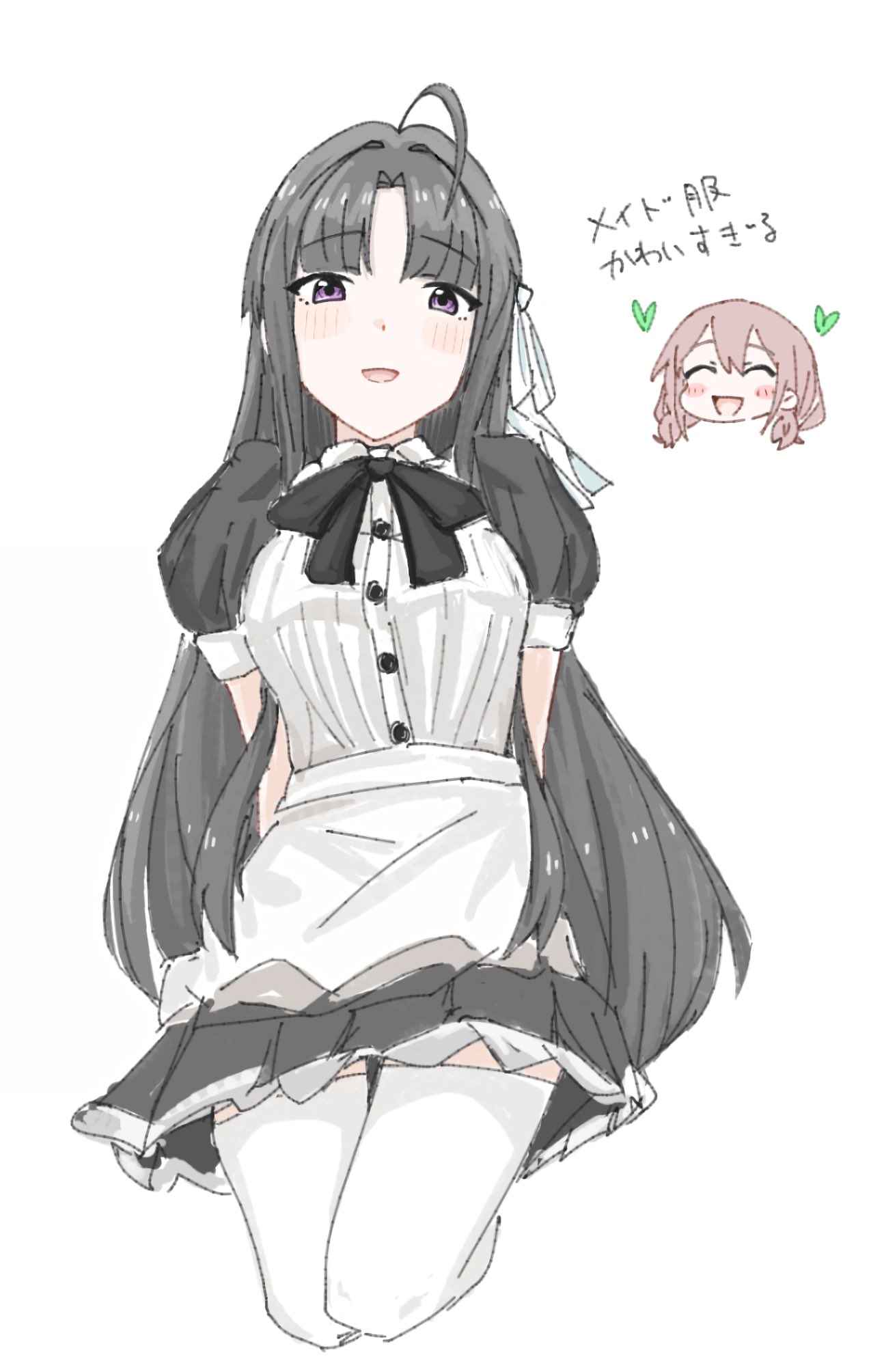 n nai nai n, awa subaru, iseri nina, girls band cry, commentary, highres, translated, 2girls, apron, arms behind back, black dress, black hair, blush, closed eyes, dress, hair ribbon, heart, long hair, looking at viewer, low twintails, multiple girls, open mouth, parted bangs, purple eyes, ribbon, short hair, short twintails, simple background, thighhighs, twintails, white apron, white background, white ribbon, white thighhighs