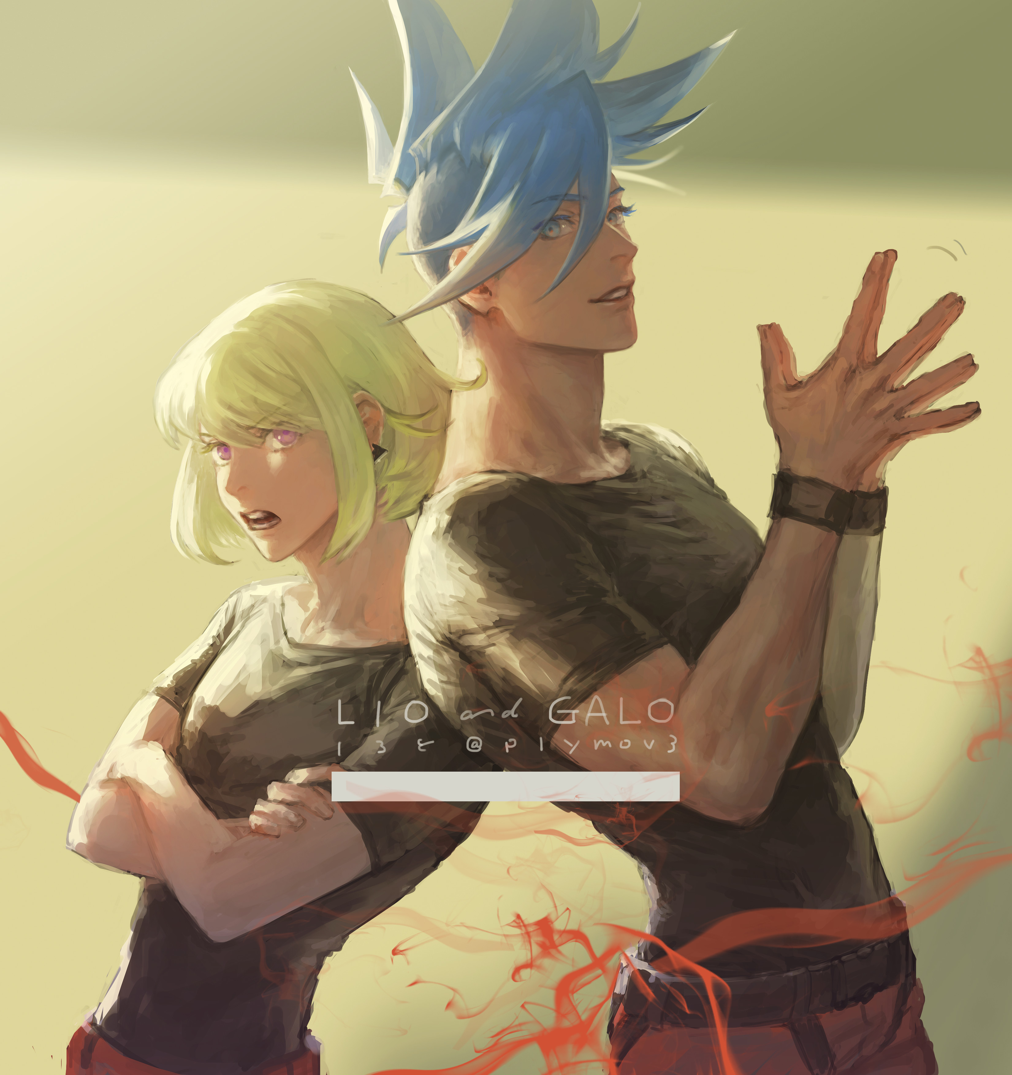 plytometo, galo thymos, lio fotia, promare, absurdres, commentary request, highres, 2boys, back-to-back, black shirt, blue hair, character name, crossed arms, earrings, eyelashes, fire, green hair, hair between eyes, jewelry, male focus, multiple boys, open mouth, own hands together, pants, parted lips, pink eyes, red pants, shirt, short hair, short sleeves, simple background, spiked hair, upper body, wristband