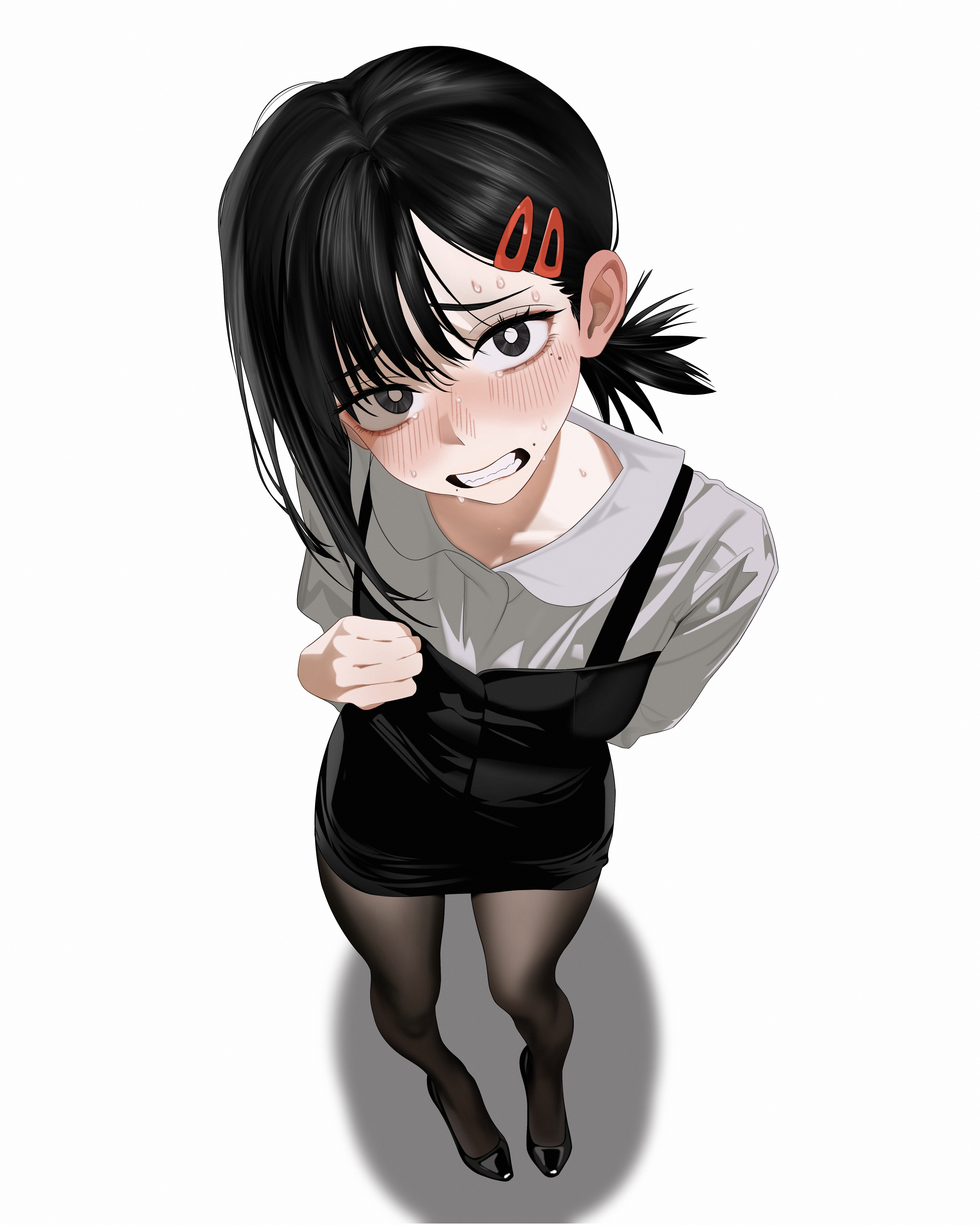 jmx (j m x), higashiyama kobeni, chainsaw man, absurdres, commentary request, highres, 1girl, apron, arm behind back, bags under eyes, black apron, black eyes, black hair, black pantyhose, black shoes, blush, bright pupils, clenched teeth, full body, hair ornament, hairclip, looking at viewer, mole, mole under eye, mole under mouth, multiple hair clips, multiple moles, nervous sweating, nose blush, pantyhose, ponytail, shirt, shoes, short ponytail, single sidelock, solo, sweat, teeth, white pupils, white shirt