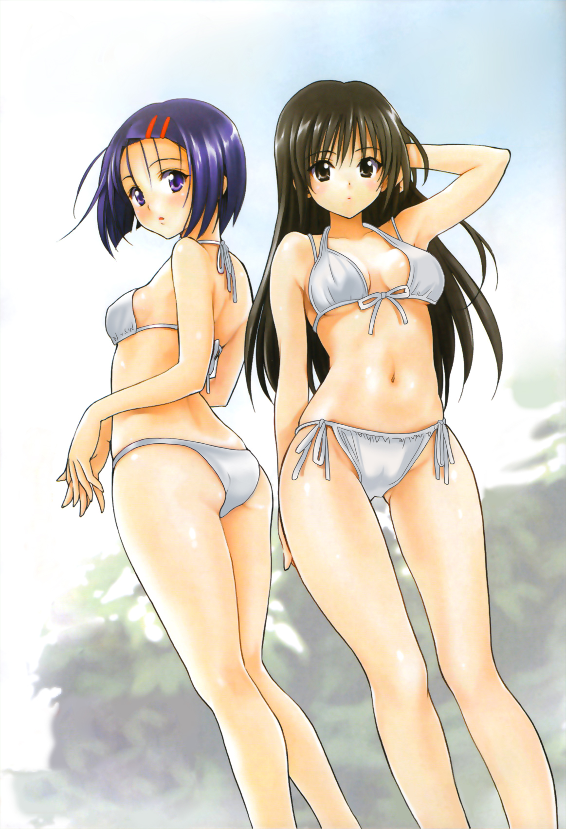 yabuki kentarou, kotegawa yui, sairenji haruna, to love-ru, highres, non-web source, third-party edit, 00s, 2girls, back, bikini, black hair, front-tie top, long hair, multiple girls, purple eyes, purple hair, short hair, side-tie bikini bottom, swimsuit, white bikini