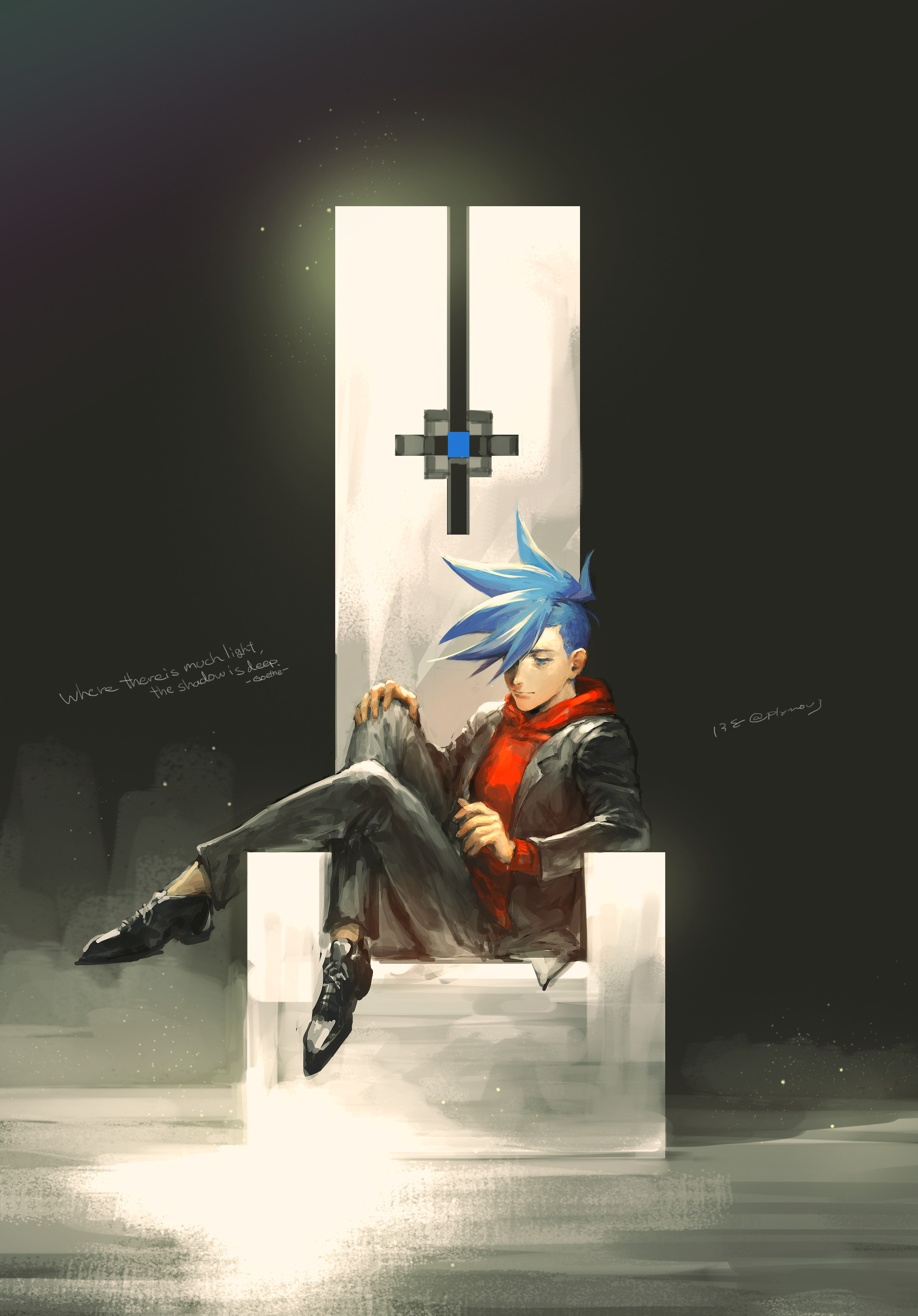 plytometo, galo thymos, promare, absurdres, highres, 1boy, black jacket, black pants, black shoes, blue eyes, blue hair, closed mouth, crossed legs, dress shoes, english text, full body, jacket, long sleeves, male focus, pants, red shirt, shirt, shoes, short hair, sitting, sitting sideways, solo, spiked hair, throne