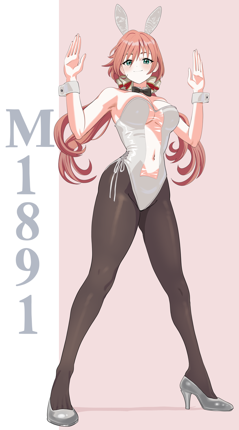 gudakoguda, carcano m1891 (girls' frontline), girls' frontline, commentary, commission, highres, pixiv commission, 1girl, alternate costume, animal ears, arms up, black bow, black bowtie, black pantyhose, bow, bowtie, character name, closed mouth, covered navel, detached collar, fake animal ears, full body, grey leotard, grey shoes, high heels, leotard, long hair, looking at viewer, pantyhose, pink hair, playboy bunny, rabbit ears, shoes, side-tie leotard, simple background, smile, solo, two-tone background, white leotard, white wrist cuffs, wrist cuffs