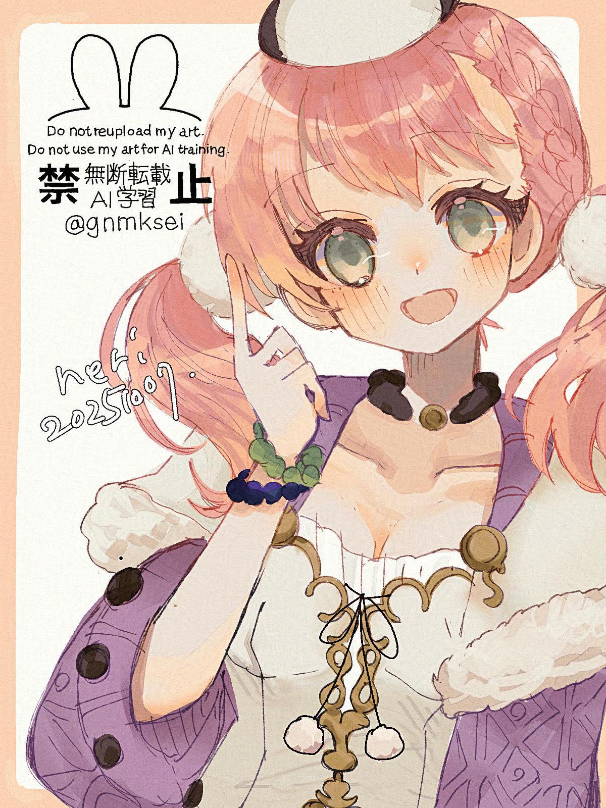 han (hn-khk), escha malier, atelier (series), atelier escha & logy, commentary request, highres, 1girl, artist name, border, breasts, cleavage, collarbone, dated, eyelashes, green eyes, index finger raised, looking at viewer, open mouth, outside border, pink border, pink hair, smile, solo, standing, watermark, white background