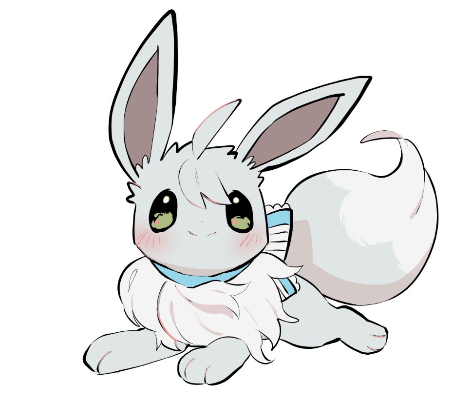 yumeminoideyu2, eevee, nintendo, pokemon, :>, alternate color, animal focus, animal hands, blue ribbon, blush, bow, fluffy, full body, gen 1 pokemon, green eyes, grey fur, looking at viewer, lying, neck fur, no humans, pokemon (creature), pokemon focus, ribbon, shiny pokemon, simple background, solo, two-tone fur, white background, white bow, white fur