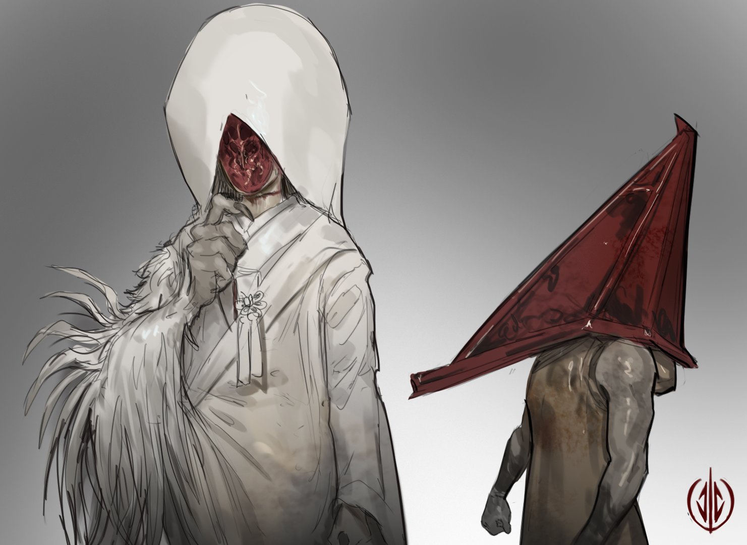 john dimayuga, pyramid head, silent hill (series), silent hill 2, silent hill f, commentary, english commentary, 1boy, 1other, blood, colored skin, grey background, grey fur, grey skin, hat, meme, muscular, muscular male, robe, shiromuku (silent hill), standing, triangular headpiece, white hat, white robe