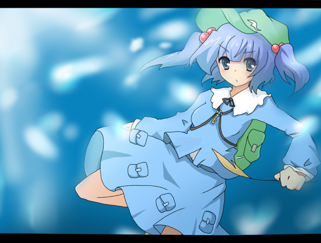 kodamari, kawashiro nitori, touhou, bad id, bad pixiv id, 1girl, backpack, bag, blue dress, blue eyes, blue hair, blush, dress, female focus, flat cap, hair bobbles, hair ornament, hat, jumping, letterboxed, long sleeves, looking at viewer, matching hair/eyes, pocket, solo, tareme, two side up