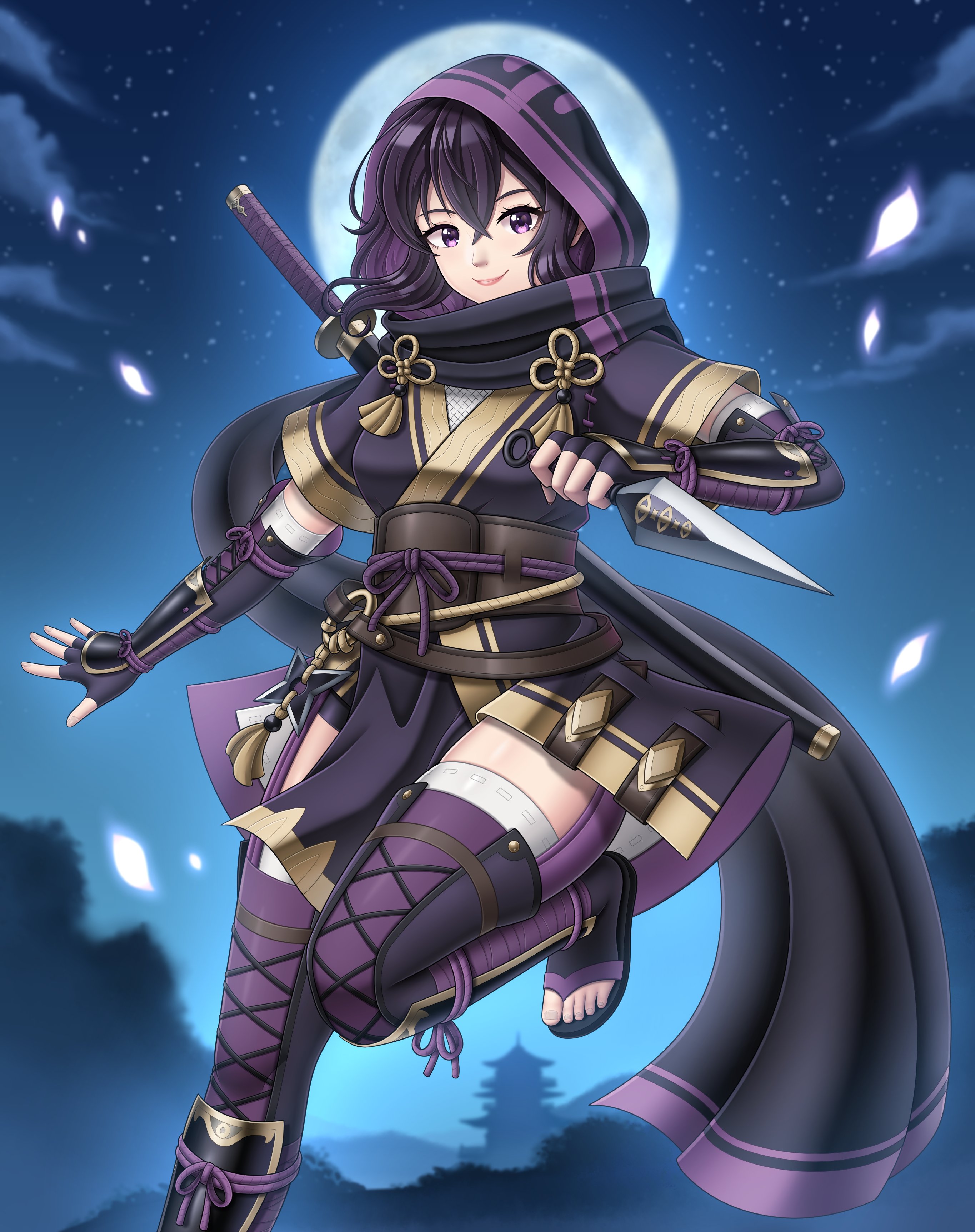 nao (dualbloodlines), female morgan (fire emblem), fire emblem, fire emblem awakening, nintendo, absurdres, commentary, english commentary, highres, 1girl, alternate costume, black gloves, black hair, black scarf, breasts, closed mouth, fingerless gloves, floating hair, full moon, gloves, gold trim, hair between eyes, holding, holding kunai, holding weapon, hood, hood up, japanese clothes, katana, kunai, looking at viewer, medium breasts, moon, night, night sky, ninja, outdoors, pelvic curtain, purple eyes, scarf, sky, smile, solo, star (sky), sword, thighs, toenails, toes, weapon