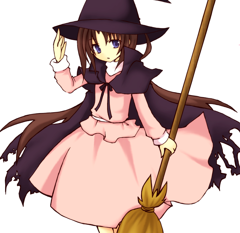 natsuki (artist), tiffa adill, after war gundam x, gundam, bad id, bad pixiv id, 1girl, :o, blue eyes, brown hair, cape, dress, female focus, hat, head tilt, holding, long hair, long sleeves, looking at viewer, open mouth, parted lips, pink dress, simple background, solo, very long hair, white background, witch, witch hat