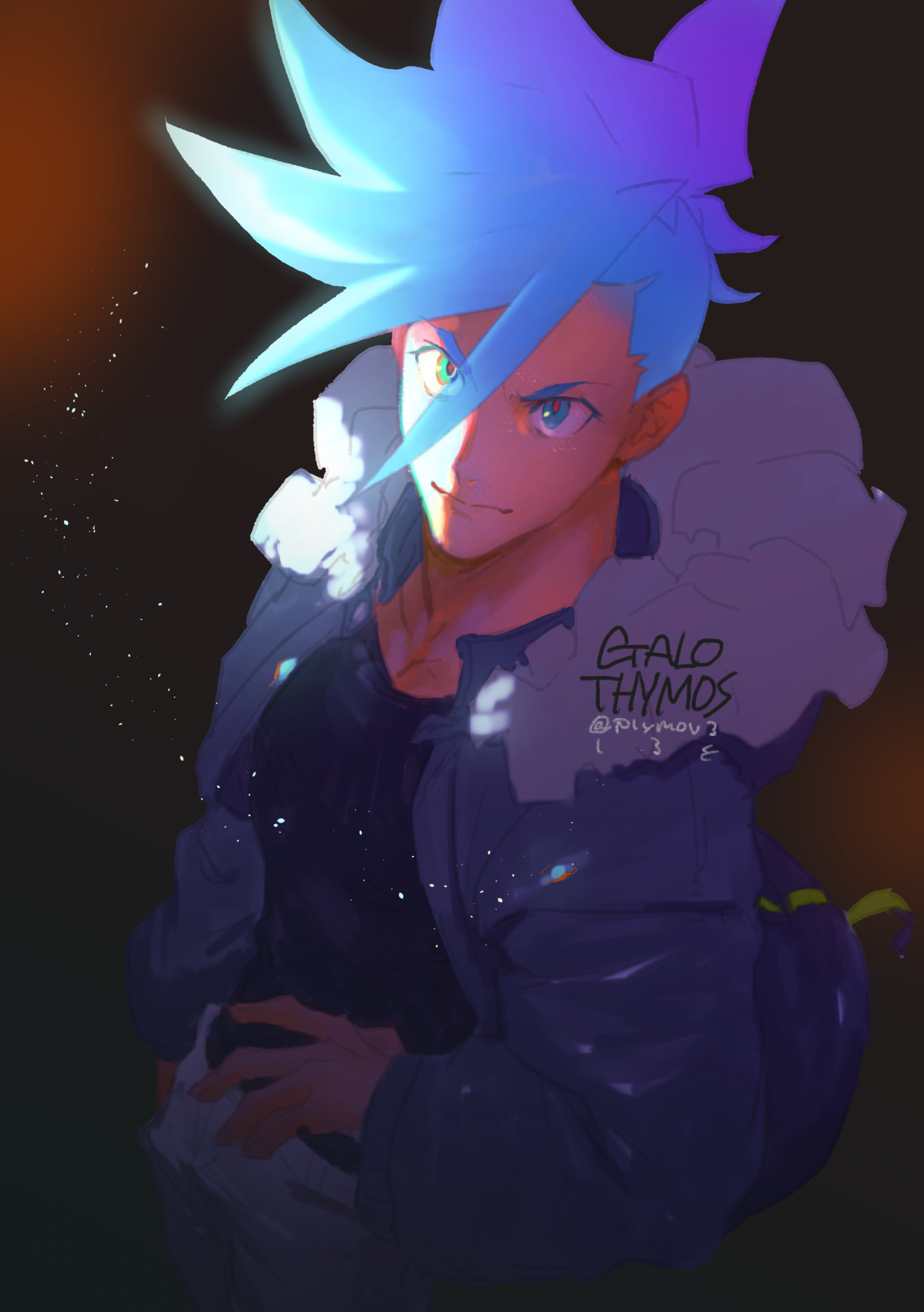 plytometo, galo thymos, promare, commentary request, highres, 1boy, black shirt, blue coat, blue eyes, blue hair, character name, closed mouth, coat, long sleeves, looking at viewer, male focus, pants, pectoral cleavage, pectorals, red pupils, shirt, sidelighting, solo, spiked hair, upper body, white pants