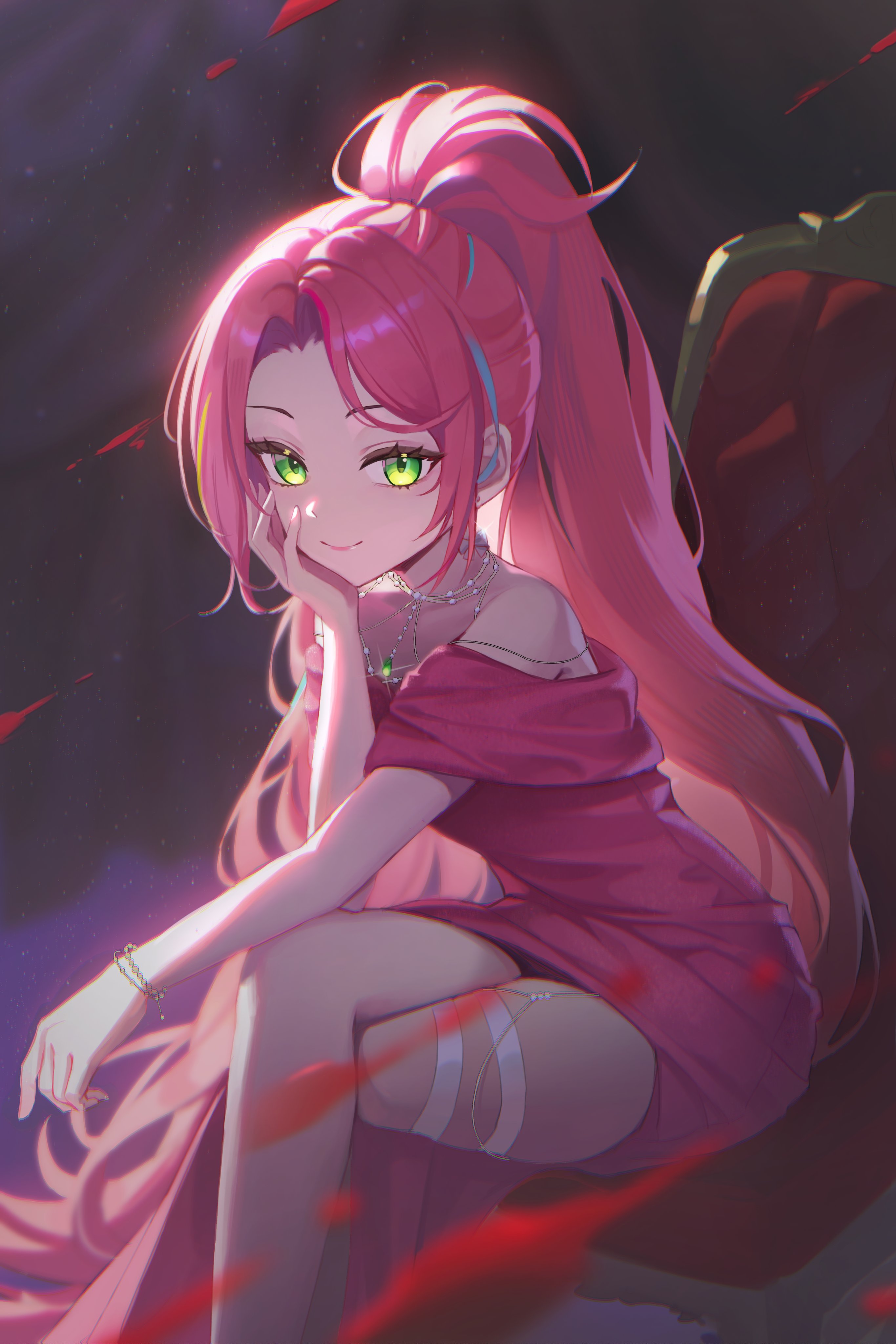 wamel (didwatermelon41), hanako nana, stellive, absurdres, commentary request, highres, korean commentary, 1girl, arm on knee, bracelet, chair, closed mouth, crossed legs, curtained hair, dress, feet out of frame, forehead, glowing, glowing eyes, green eyes, hand rest, jewelry, long hair, looking at viewer, off-shoulder dress, off shoulder, on chair, pink dress, pink hair, ponytail, side slit, sitting, smile, solo, thigh strap, very long hair, virtual youtuber