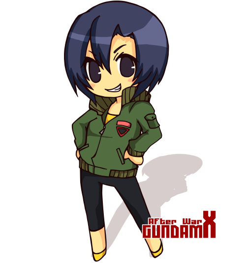 natsuki (artist), paula cis, after war gundam x, gundam, uniform, 1girl, :d, breasts, chibi, collarbone, emblem, female focus, full body, grin, long sleeves, looking at viewer, open mouth, pants, small breasts, smile, solo, standing, teeth