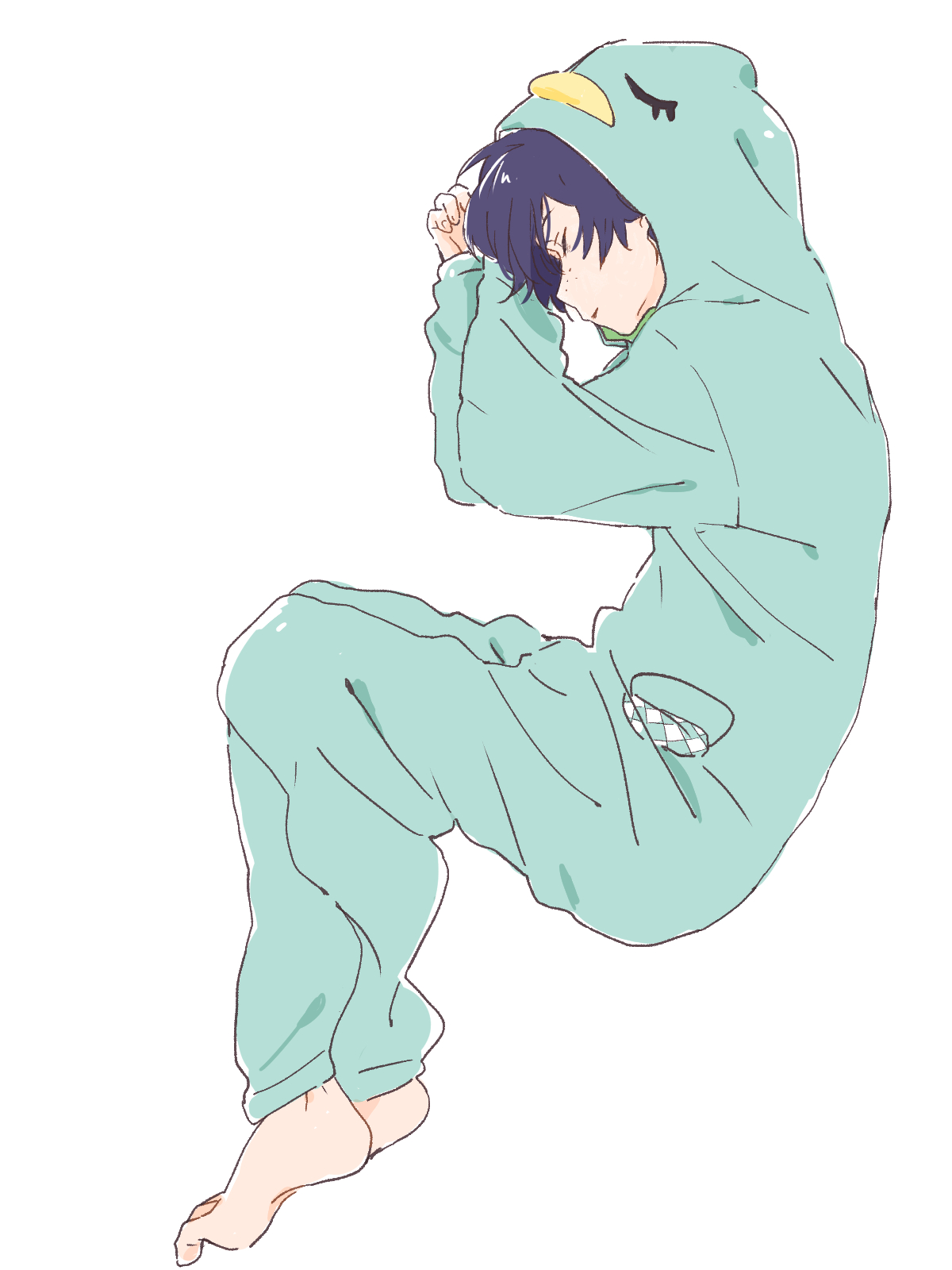 bandoutan, kuji toi, sarazanmai, highres, 1boy, barefoot, blue hair, closed eyes, freckles, full body, kappa costume, long sleeves, lying, male focus, on side, pajamas, short hair, simple background, sleeping, solo, white background
