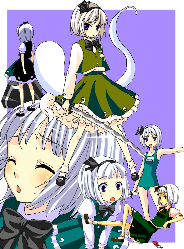 hidari (coletica), konpaku youmu, konpaku youmu (ghost), touhou, 1girl, :o, blue eyes, blush, bob cut, bobby socks, female focus, frown, green one-piece swimsuit, hairband, hitodama, katana, mary janes, multiple persona, name tag, one-piece swimsuit, school swimsuit, shoes, short hair, simple background, socks, standing, swimsuit, sword, triangle mouth, weapon, white hair