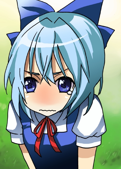 hidari (coletica), cirno, embodiment of scarlet devil, touhou, 1girl, blue eyes, blue hair, blush, bow, female focus, hair bow, matching hair/eyes, no nose, short hair, solo, tears, wavy mouth