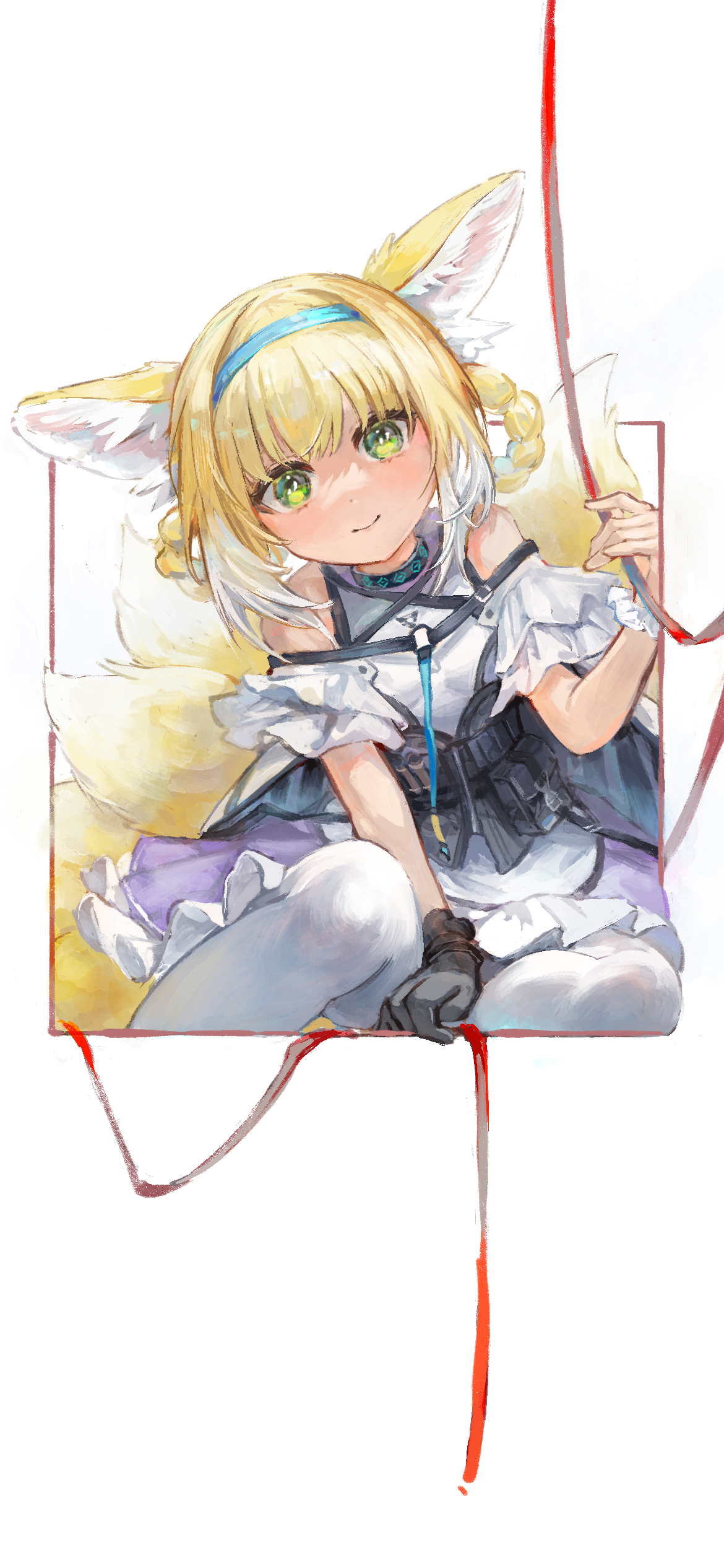 karenncat, infection monitor (arknights), suzuran (arknights), arknights, absurdres, chinese commentary, commentary, highres, textless version, 1girl, animal ears, bare shoulders, black gloves, blonde hair, blue hairband, blush, braid, braided hair rings, closed mouth, dress, fox ears, fox girl, fox tail, frilled dress, frills, gloves, green eyes, hair rings, hairband, kitsune, kyuubi, looking at viewer, multiple tails, pantyhose, purple dress, short hair, single glove, smile, solo, tail, twin braids, white pantyhose