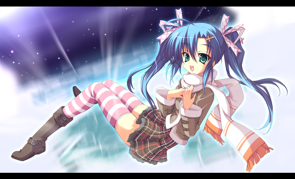 hayakawa harui, 1girl, :d, aqua eyes, blue hair, boots, brown boots, cross hair ornament, female focus, hair ornament, hair ribbon, hairclip, legs, letterboxed, long hair, looking at viewer, open mouth, plaid clothes, plaid skirt, ribbon, scarf, skirt, smile, solo, striped clothes, striped thighhighs, thighhighs, twintails, zettai ryouiki