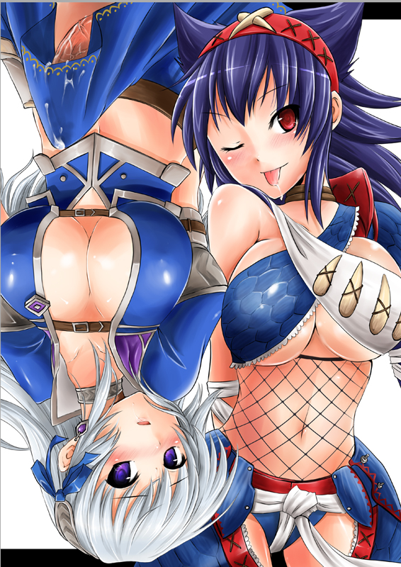 pochi (pochi-goya), capcom, monster hunter (series), monster hunter frontier, bad id, bad pixiv id, 1futa, 1girl, ;p, azure (armor), breasts, cleavage, cum, earrings, fishnets, futanari, hairband, jewelry, large breasts, long hair, midriff, nargacuga (armor), one eye closed, penis, purple eyes, red eyes, saliva, tongue, tongue out, underboob, wink