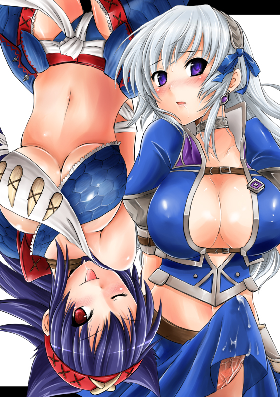 pochi (pochi-goya), capcom, monster hunter (series), monster hunter frontier, bad id, bad pixiv id, 1futa, 1girl, ;p, azure (armor), belt bra, breasts, cleavage, cum, earrings, futanari, hairband, jewelry, large breasts, long hair, midriff, nargacuga (armor), one eye closed, penis, purple eyes, red eyes, saliva, tongue, tongue out, underboob, wink