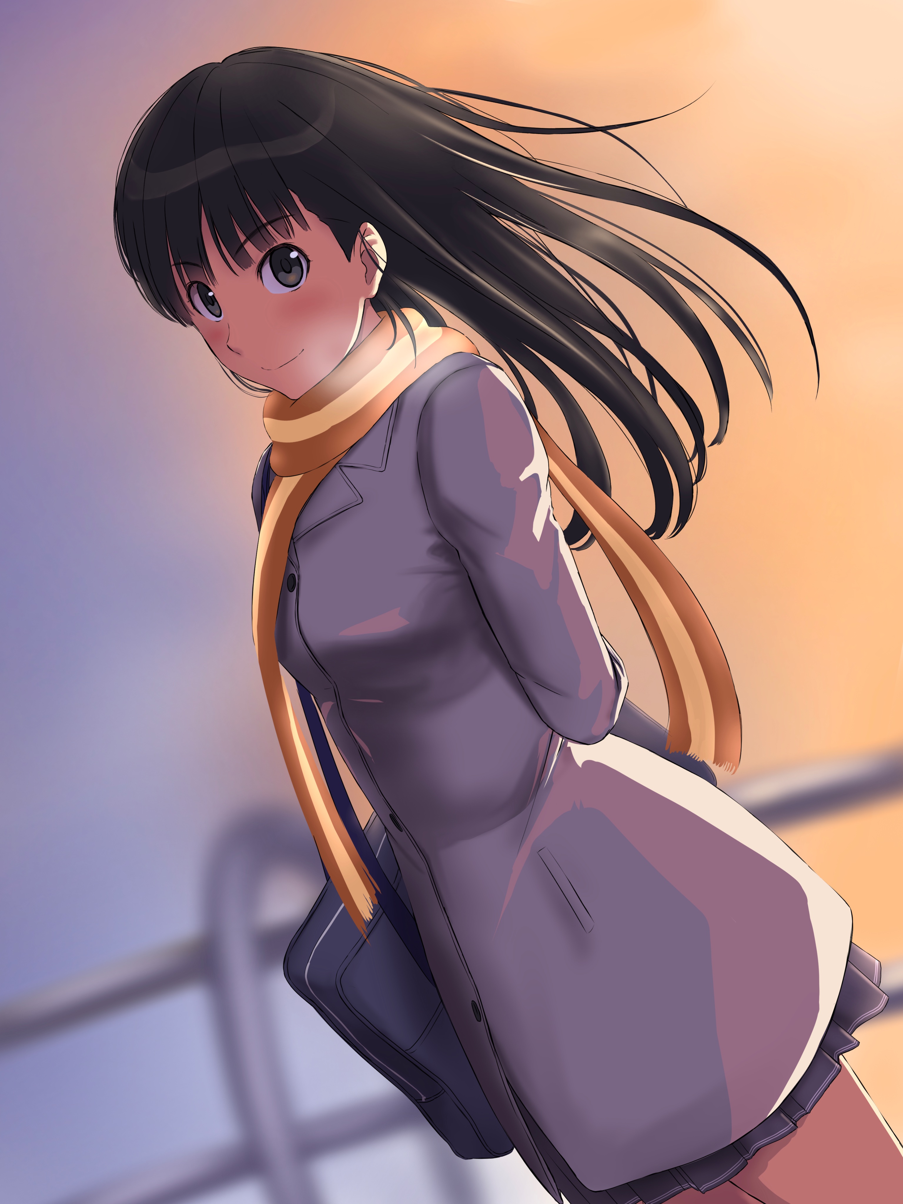 takenoko saba otto, ayatsuji tsukasa, amagami, absurdres, highres, 1girl, arms behind back, bag, black eyes, black hair, closed mouth, coat, dutch angle, long hair, looking at viewer, scarf, school bag, solo, white coat, winter clothes, winter coat, yellow scarf