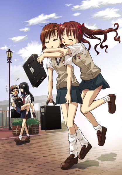 maitake (kinokonabe hinanjo), tenshou shirou, misaka mikoto, saten ruiko, shirai kuroko, uiharu kazari, toaru kagaku no railgun, toaru majutsu no index, 00s, 4girls, = =, bag, black hair, blush, bow, briefcase, brown hair, carrying, closed eyes, hair bow, head wreath, hug, hug from behind, lamppost, long hair, multiple girls, o o, princess carry, school bag, school briefcase, school uniform, serafuku, short hair, skirt, smile, twintails, yuri